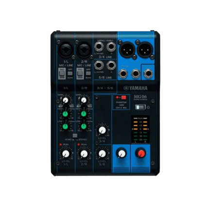 Mezcladora analógica Yamaha MG06 de 6 canales con chasis metálico y salidas XLR balanceadas en AVI Play.