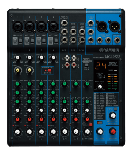 Mezcladora analógica Yamaha MG10XU de 10 canales con perillas de compresor amarillas y sección de efectos digital en AVI Play.
