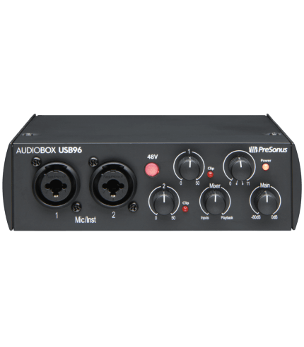 Interfaz de audio PreSonus AudioBox USB 96 negra edición 25 aniversario con dos entradas frontales en AVI Play.