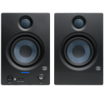 Par de monitores PreSonus con Bluetooth Eris 4.5BT de segunda generación negros mostrando el amplificador trasero, potenciómetros de ecualización y entradas de audio en AVI Play.